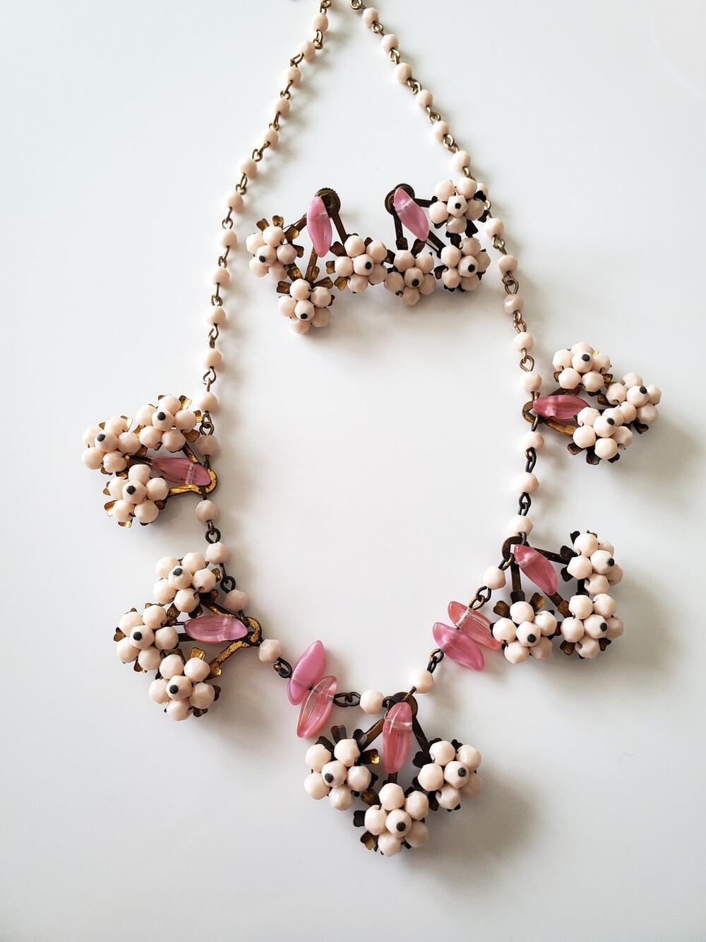 Vintage Light Pink Floral Necklace and Earring Set